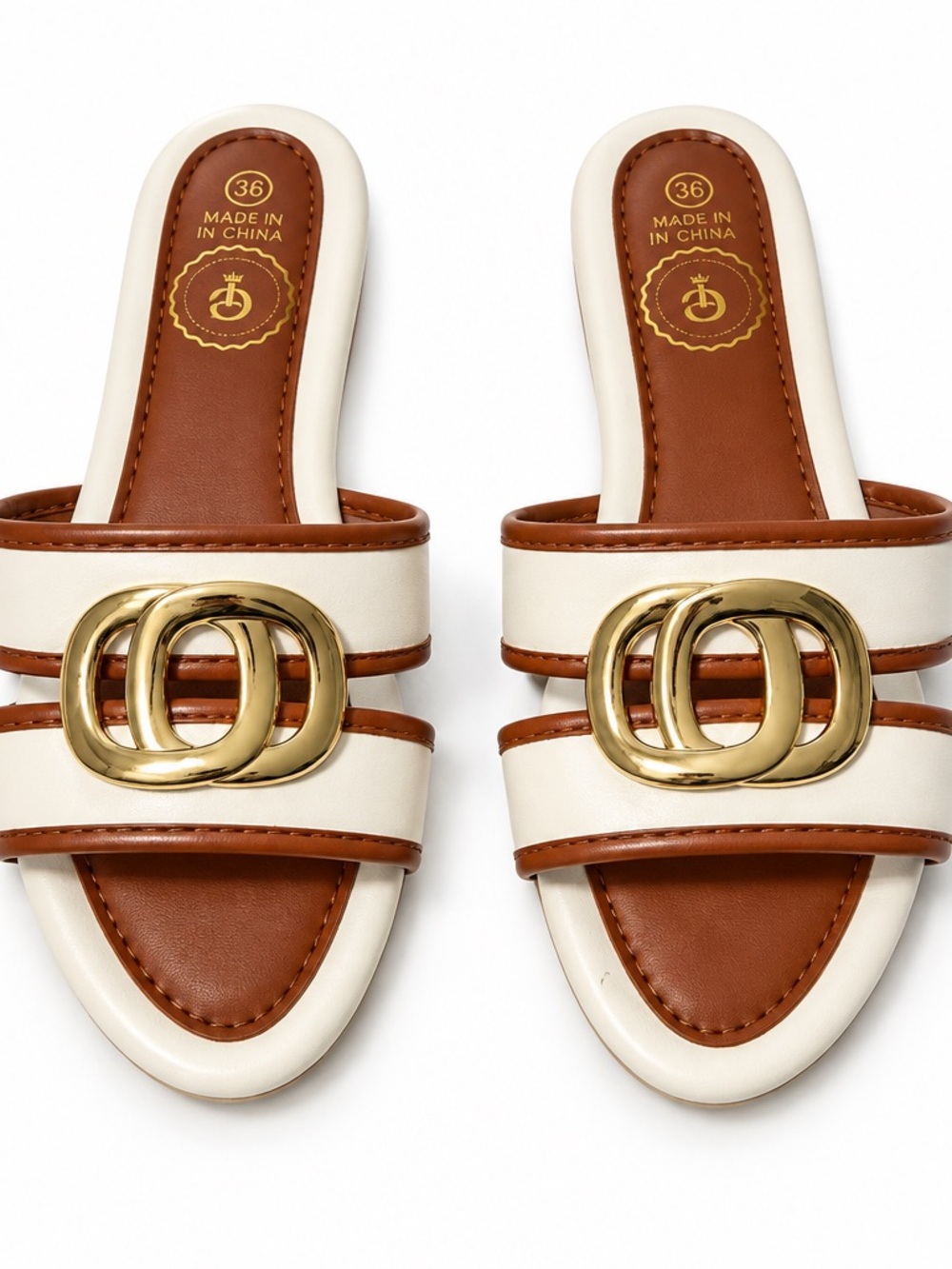 Women's Cream and Brown Slide Sandals with Gold Accent